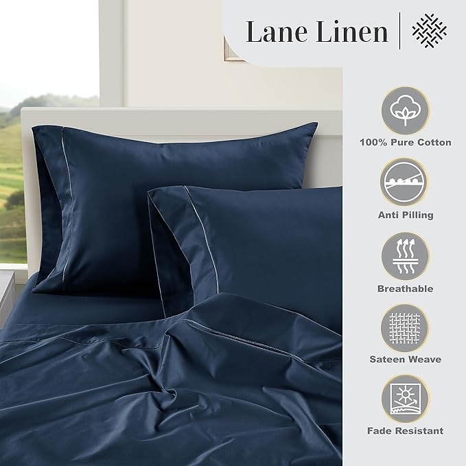 LANE LINEN Pillow Case Covers King, Set of 2, 100% Egyptian Cotton Sateen, Soft Cool & Smooth 1000 Thread Count Pillow Cases - Estate Blue