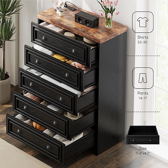 LIKIMIO 43" Tall 5 Drawers Dresser for Bedroom, Power Strip, Farmhouse Large Wood Dressers & Chest of Drawers with Wide Storage Cabinet, Black