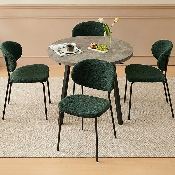 5-Pieces Kitchen Dining Table Set for 4, Grey Round Table MDF with 4 Metal Hooks for Hanging, Modern Dining Room Table Set with 4 Seated Green Boucle Dining Chairs for Dining Room, Cafe