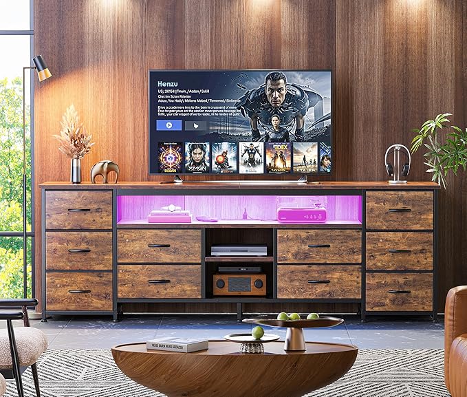 Huuger 70.9 Inch LED TV Stand Dresser with Power Outlets, USB-C Port and LED Lights, 10 Fabric Drawer Dresser for Bedroom, Long Entertainment Center for 75, 80 Inch TV, Open Shelves, Rustic Brown