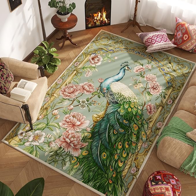 Living Room Rug 5x7 Rug Machine Washable Floral Peacock Animal Area Rug Non Slip Vintage Low Pile Large Rugs for Living Room, Bedroom, Farmhouse, Dining Room, Kids Playroom (Mint Turquoise)