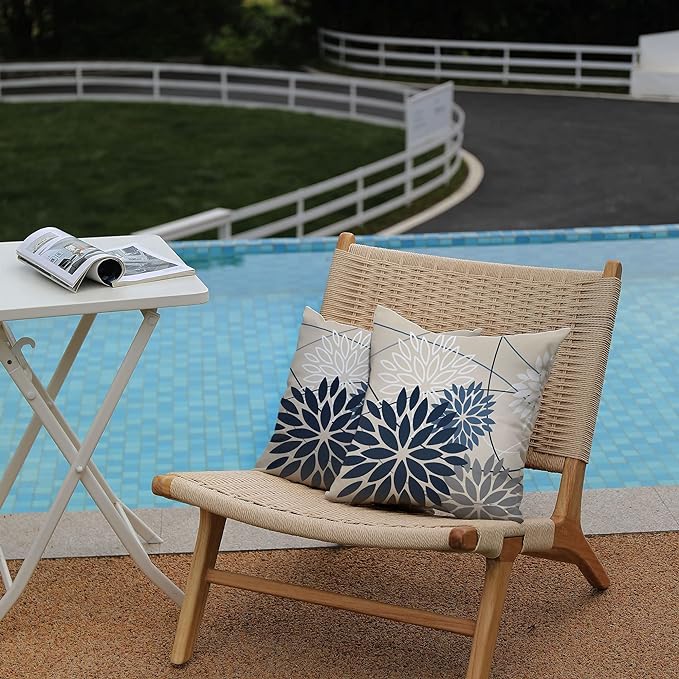 Blue and Gray Floral Pillow Covers 20x20 Set of 2 Outdoor Waterproof White Colored Decorative Throw Pillows Summer Pillowcase Polyester Cushion Case Decor for Couch Patio Funiture Garden Porch 01B20