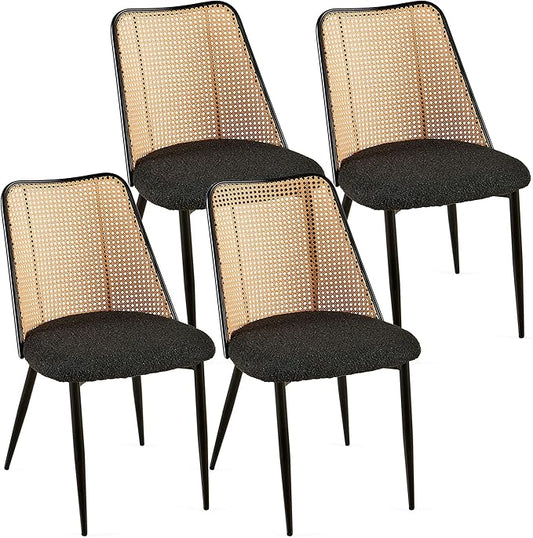 Modern Rattan Dining Chairs Black Set of 4, Upholstered Dining Room Chairs Boucle Woven Cane Kitchen Dining Accent Chairs for Reception Rooms, Restaurant
