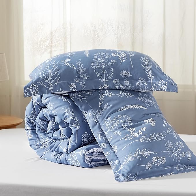 Bedsure Queen Comforter Set - Infinity Blue Bed Set, 3 Pieces Cute Floral Bedding, 1 Soft Reversible Botanical Flowers Comforter and 2 Pillow Shams