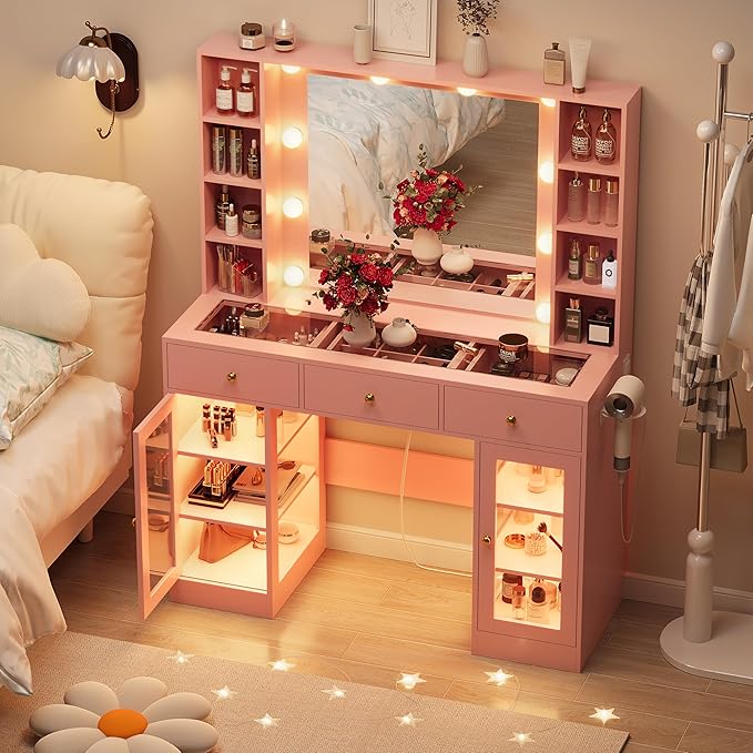 Pink Vanity Desk with Mirror and Lights, Glass Top Vanity with Lighted Mirror & RGB Glass Cabinet and 3 Drawers, Makeup Vanity Desk with Lights Dressing Table for Bedroom, 3 Color Modes