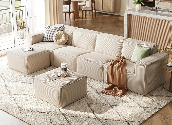 LINSY HOME Modular Sectional Sofa, 134" Boneless Couch U Shaped 4-Seat Sofa with 2 Movable Ottomans, Corduroy Sectional Cloud Couches for Living Room, No Assembly Required, Beige