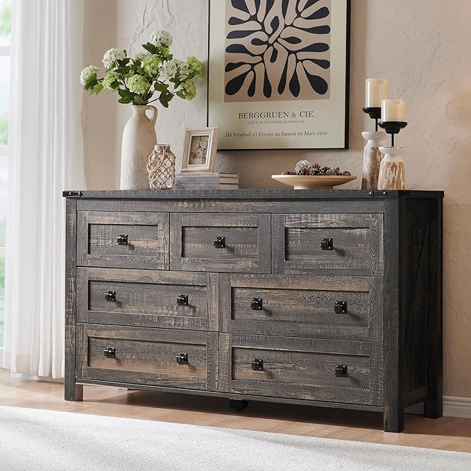 RedLemon Farmhouse 7 Drawer Dresser for Bedroom, 54 Inch Wide Rustic Wood Dresser TV Stand, Chest of Drawers for Closet, Living Room, Hallway, Dark Rustic Oak
