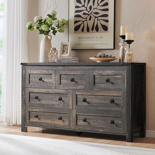 RedLemon Farmhouse 7 Drawer Dresser for Bedroom, 54 Inch Wide Rustic Wood Dresser TV Stand, Chest of Drawers for Closet, Living Room, Hallway, Dark Rustic Oak