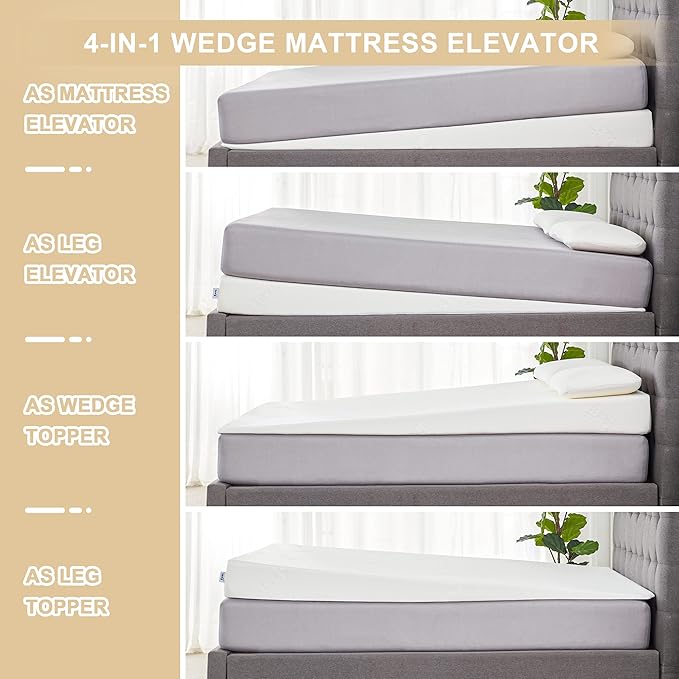 Wedge Mattress Elevator 7-Inch Inclined Mattress Topper for Acid Reflux, GERD, Neck & Back Pain, Snoring, Under Bed Wedge Mattress with Washable Cover & Non-Slip Bottom for Bedroom, Full