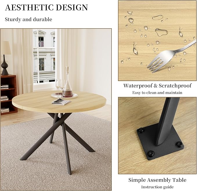 45.3 Inch Round Dining Table Set for 4, Mid Century Modern Small Coffee Set for Dining Room Kitchen Apartment (Cream Table + 4 U-Shaped Black Chairs)