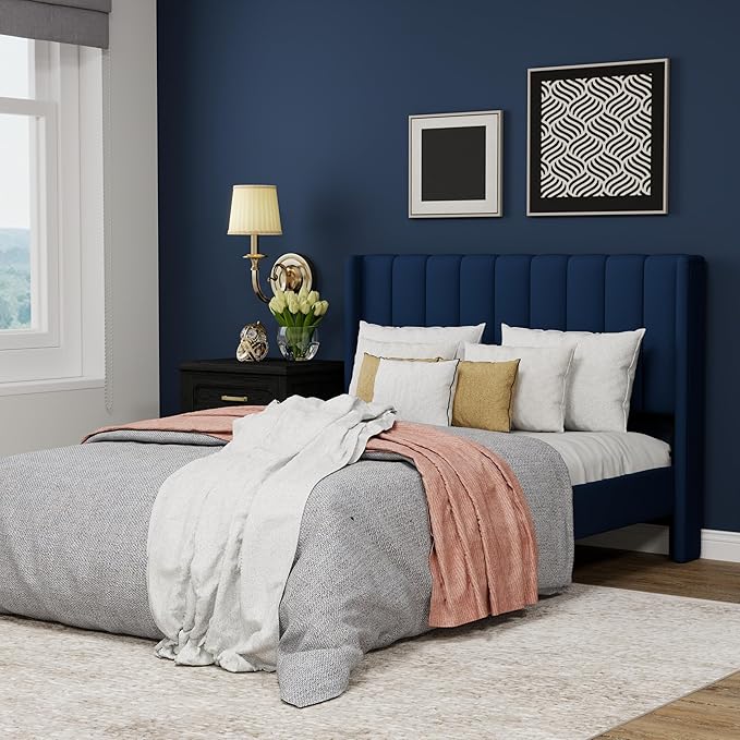 Upholstered Platform Full Size Bed Frame with Headboard Wooden Slats Support No Noise Easy Assembly Blue Velvet