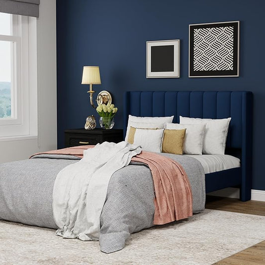 Upholstered Platform Full Size Bed Frame with Headboard Wooden Slats Support No Noise Easy Assembly Blue Velvet