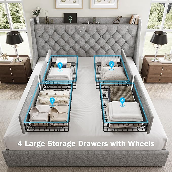 King Size Bed Frame with 4 Storage Drawers, Giant Upholstered Wingback Headboard, Fast Charging Station, No Box Spring Needed, Noise-Free, Light Gray