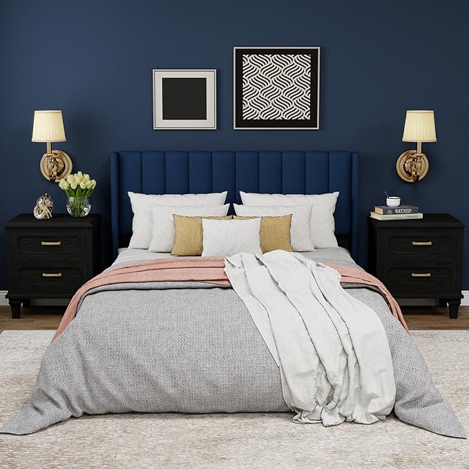 Upholstered Platform Queen Size Bed Frame with Headboard Wooden Slats Support No Noise Easy Assembly Blue Velvet