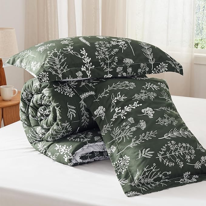 Bedsure Twin/Twin XL Comforter Set - Dark Olive Green Bed Set, 2 Pieces Cute Floral Bedding, 1 Soft Reversible Botanical Flowers Comforter and 1 Pillow Sham