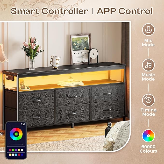 Huuger LED TV Stand for Bedroom, 55 Inch Fabric Dresser with Power Outlets, Entertainment Center for 60, 55, 50 Inch TV, 6 Drawer Dresser for Bedroom, Chest of Drawers with Shlef, PU Leather, Black