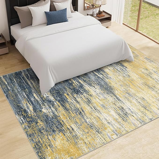 Washable Rug 5x7 Abstract Area Rug for Living Room, Non Slip Foldable Soft Rugs for Bedroom, Stain Resistant Rugs Modern Fuzzy Rug, Indoor Carpet for Entryway Home, Yellow/Black
