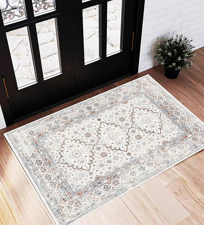 Area Rug 2x3 Washable Rug Door Mat Vintage Distressed Doormat Indoor Entrance Traditional Thin Floral Print Non Slip Carpet for Kitchen Bathroom Bedroom Living Room
