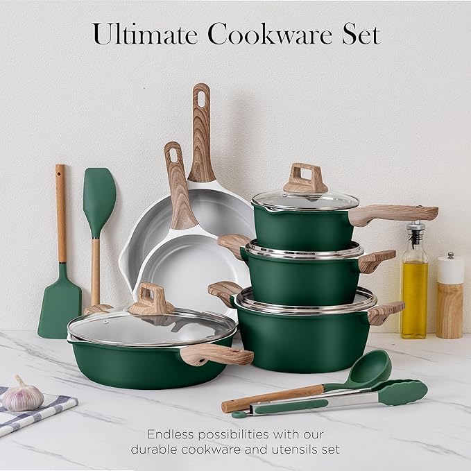 Country Kitchen Pots and Pans Set Nonstick, Cast Aluminum Kitchen Cookware Set with Utensils, 14 Pcs Non Stick Cooking Set w/Frying Pans & Saucepans, Sage