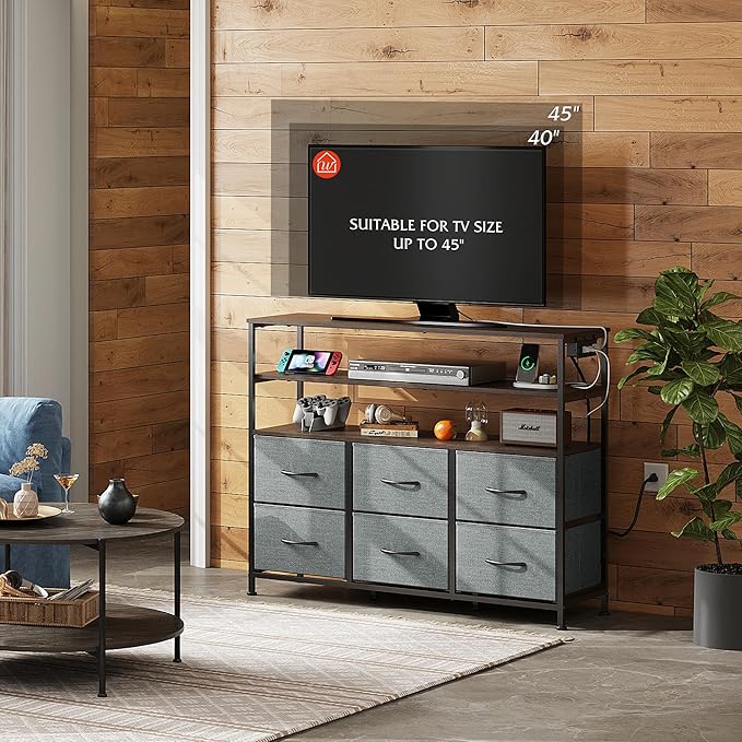 WLIVE Grey TV Stand for 40, 45 inch TV, Entertainment Center with LED Lights & Charging Station, TV Media Console Table with 6 Fabric Drawers and Open Shelves for Living Room, Hallway, Dark Grey