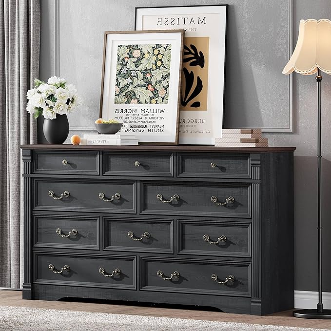 Yaamizz Farmhouse Dresser for Bedroom, 60" Wide 10 Drawer Dressers Storage with Wood Pilasters & Metal Handles, Vintage Design, Drawer Organizer for Bedroom, Hallway, Black