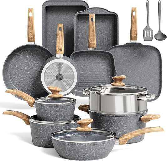 MAISON ARTS 17 Piece Pots and Pans Set Non Stick, Kitchen Cookware Sets with Nonstick Granite Stone Coating, Suitable for Induction Cooktops, Grey