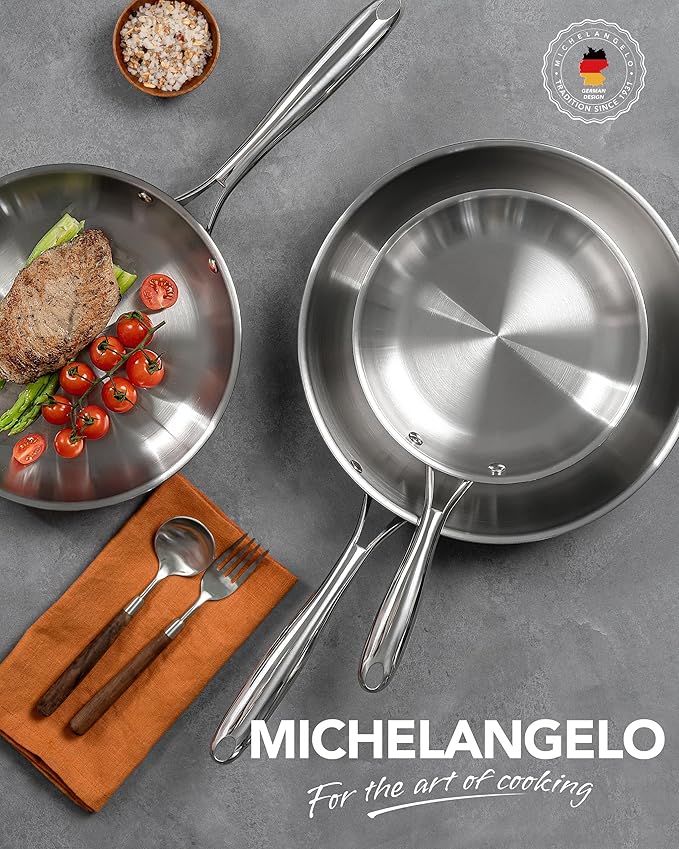 MICHELANGELO 18/10 Stainless Steel Frying Pan Set, 8" / 9.5" / 11" Cooking Pans, Triply Base Stainless Steel Pan Set with Ergonomic Handle, Induction Compatible