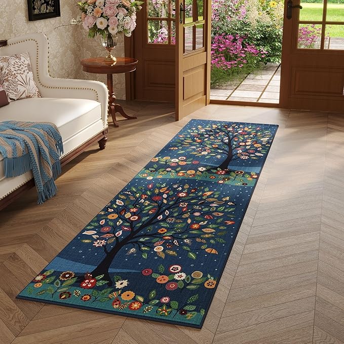 Runner Rug for Kitchen Rug Non Slip 2'x6' Washable Rugs Floral Tree with Rubber Backing Bohemian Soft Carpet Runner for Kitchen, Laundry, Bedroom, Bathroom, Blue