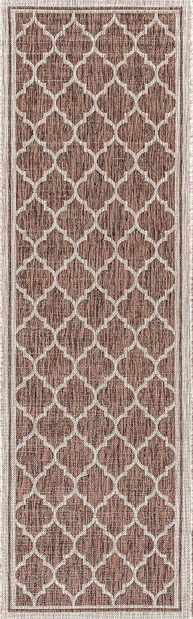 Eyely BMS109B-214 Santa Monica Trebol Moroccan Trellis Textured Weave, Pet Friendly, Non-Shedding, Stain Resistant, Easy-Cleaning, Espresso/Taupe, 2 ft. x 14 ft., Indoor/Outdoor, Runner Rug