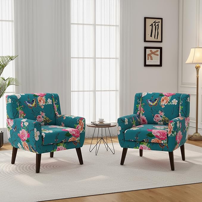 Accent Chair, Modern Linen Blend Arm Chair for Living Room, Bedroom, Comfy High-Resilient Sponge Reading Chair for Small Spaces (Pattern Floral Blue, Set of 1)