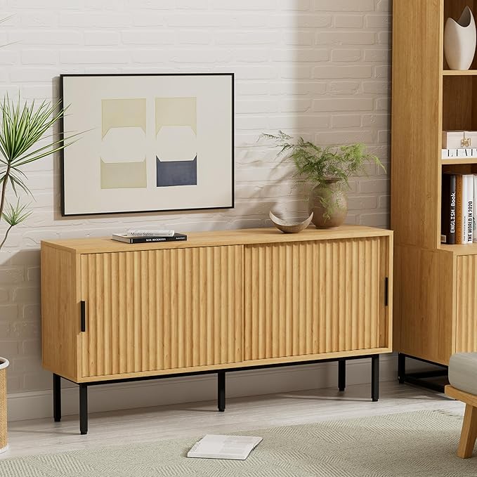 Fluted Tv Stand Set of 2, Modern Entertainment Center with Adjustable Shelves, Sliding Doors, Wood Media Console with Storage for Living Room, Natural Oak