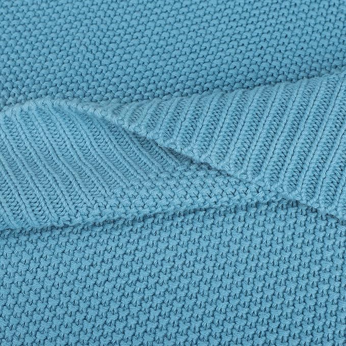 PiccoCasa 100% Cotton Knit Throw Blanket,Solid Lightweight Decorative Throws and Blankets,Soft Knitted Throw Blanket for Sofa Couch, Horizon Blue 50" x 60"