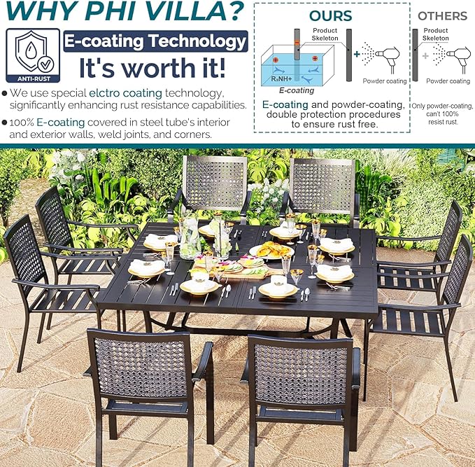 PHI VILLA 9 Pieces Patio Dining Table Set for 8, 60” Square Metal Wrought Iron Dining Table & Stackable Dining Chairs, Large Dining Furniture Set for Outdoor Deck, Yard, Porch