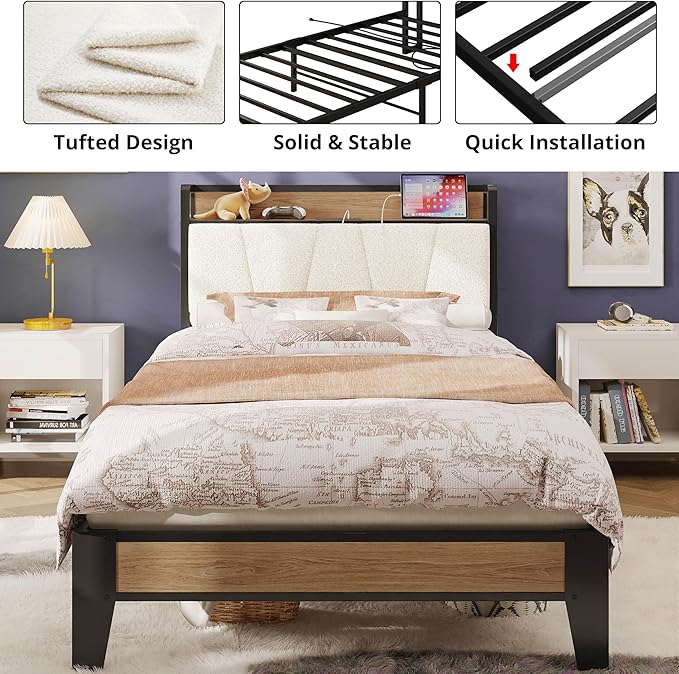 LIKIMIO Twin Bed Frames, Storage Headboard with Charging Station, Solid and Stable, Noise Free, No Box Spring Needed, Easy Assembly, Wood and Cream