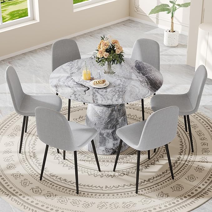 Round Dining Table Set for 6, 45IN Kitchen Table Set with Faux Marble Table Top and PU Upholstered Chairs, Modern Dinner Table with Chairs Set for Dinning Room, Living Room