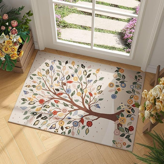 Door Mat Indoor Entrance 2x3 Rug Floral Tree Machine Washable Small Area Rug Bohemian Non-Slip Low Pile Throw Rugs for Entryway, Kitchen, Front Door Indoor Entrance, Entry, Kids Room, Beige