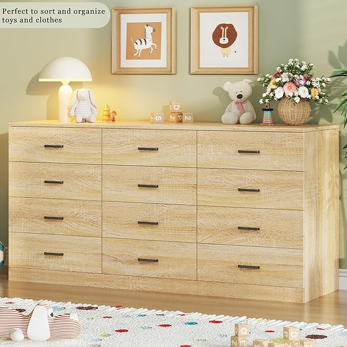 Dresser for Bedroom with 12 Drawers, 60'' Wood Mid Century Modern Dressers, Large Chests of Drawers TV Stand, Natural Wood Grain, Storage Unit Dresser for Bedroom, Entryway, Hallway, Natural