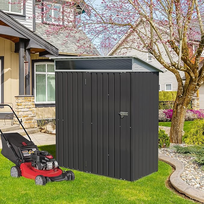 Vongrasig 5 x 3 x 6 FT Outdoor Storage Shed Clearance, Metal Garden Shed with Large Window and Lockable Door, Anti-Corrosion Waterproof Tool Shed for Backyard Patio, Lawn (Dark Gray)