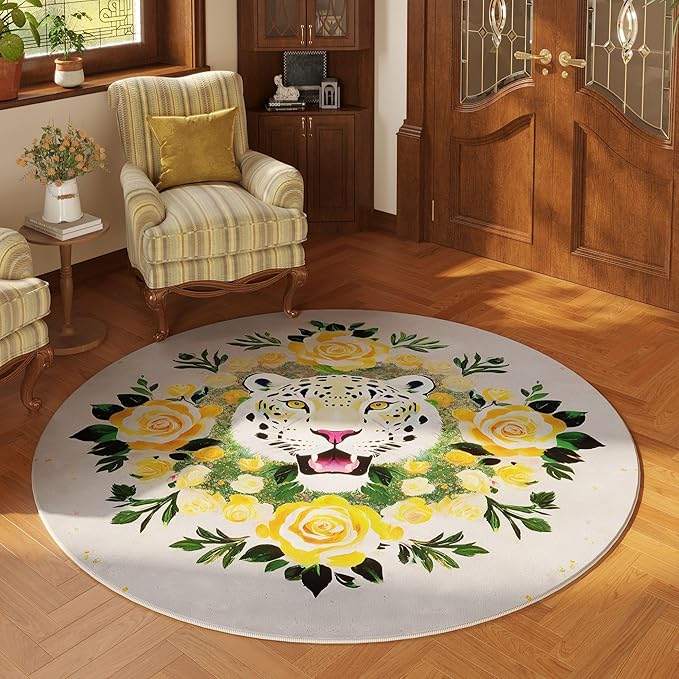 Round Rug 4ft Washable Circle Rug Non Slip Low Pile Retro Lavish Leopard Animal Small Circular Rug for Bedroom, Bathroom, Entryway, Kids Room, Office, College Dorm (Yellow with Green)