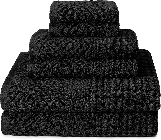 Texere 100% Organic Cotton Diamond Jacquard 700 GSM Luxury Bath Towel Sets - Spa Quality Bath Towels, Hand Towels, Washcloths (Diamond, Black, 6 Piece)