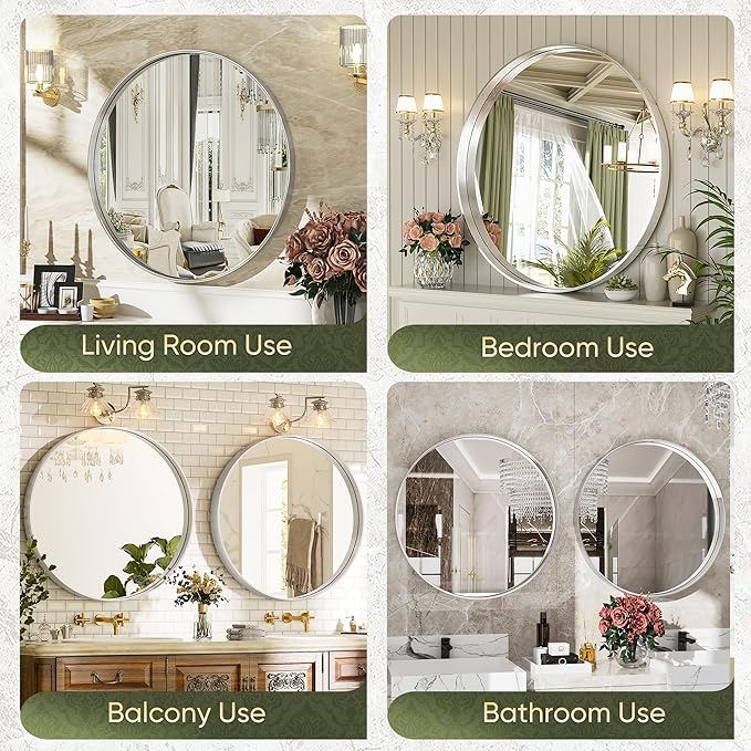 Suidia 30" x 30" Bathroom Mirror, Bathroom Vanity Mirror Metal Framed, Wall-Mounted Mirrors for Bedroom, Living Room, Entryway, Hallway, Silver, Round Style