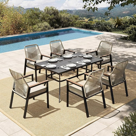 HERA'S HOUSE 7 Pieces Patio Table and Chairs Set, Outdoor Dining Set for 7, 6 x Cushioned Woven Rattan Patio Chairs and 1 x Black Metal Table with Umbrella Hole, Outdoor Rattan Dining Set for Lawn