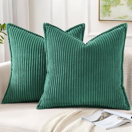 Mecatny Corduroy Throw Pillow Covers 18x18 Set of 2, Neutral Decorative Soft Boho Couch Pillow Covers with Broadside for Sofa Living Room, Green