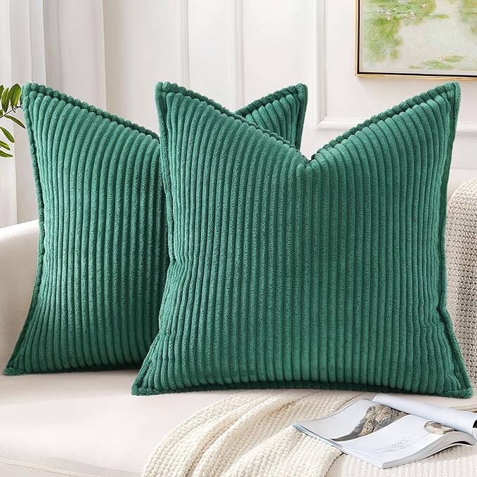 Mecatny Corduroy Throw Pillow Covers 24x24 Set of 2, Neutral Decorative Soft Boho Couch Pillow Covers with Broadside for Sofa Living Room, Green