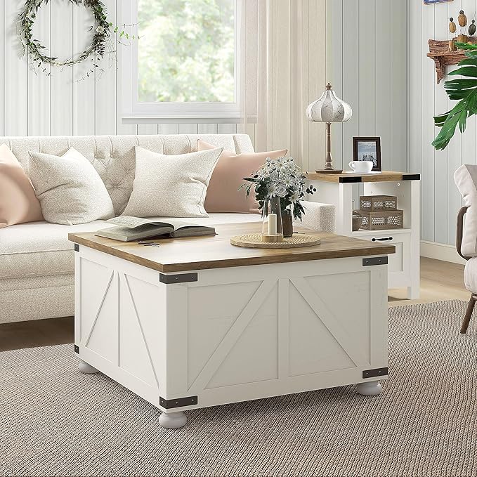 HOMCOM Farmhouse Coffee Table, 31.5" Square Coffee Table with Storage, Living Room Center Table with Hinged Flip Lift Top and Hidden Space, Antique White