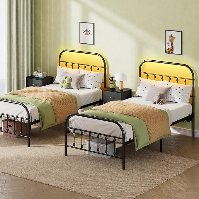 WLIVE Twin Bed Frames with Storage, Twin Bed Frame with LED Lights and Charging Station, Metal Platform Bed Frame with Headboard, Black