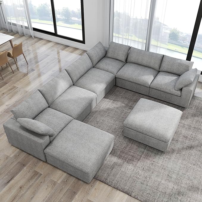 JACH 160" Cloud Sectional Couch, Overzised Down Filled Couch, 8 Seater Convertible Modular Cloud Sofa for Living Room, Minimalist Deep Seat Modern Couches,Sofa Cover Removable, Grey