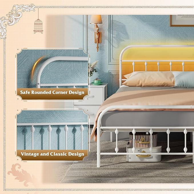 WLIVE Bed Frame King Size, King Size Bed Frame with Storage and Headboard, King Bed Frames with LED Lights and Charging Station, White