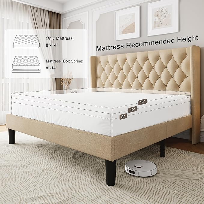 King Size Upholstered Bed Frame with Wingback Headboard, Fabric Linen Platform Bed, 8" Under Bed Storage, Wooden and Metal Slats Support, No Box Spring Needed, Beige