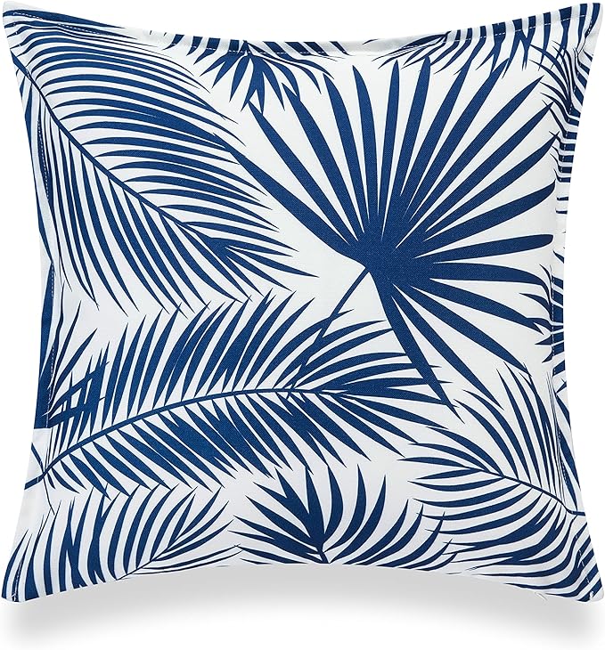 Hofdeco Premium Coastal Hampton Style Patio Indoor Outdoor Pillow Cover Only, 20"x20" Water Resistant for Backyard, Couch, Navy Blue Palm Leaf